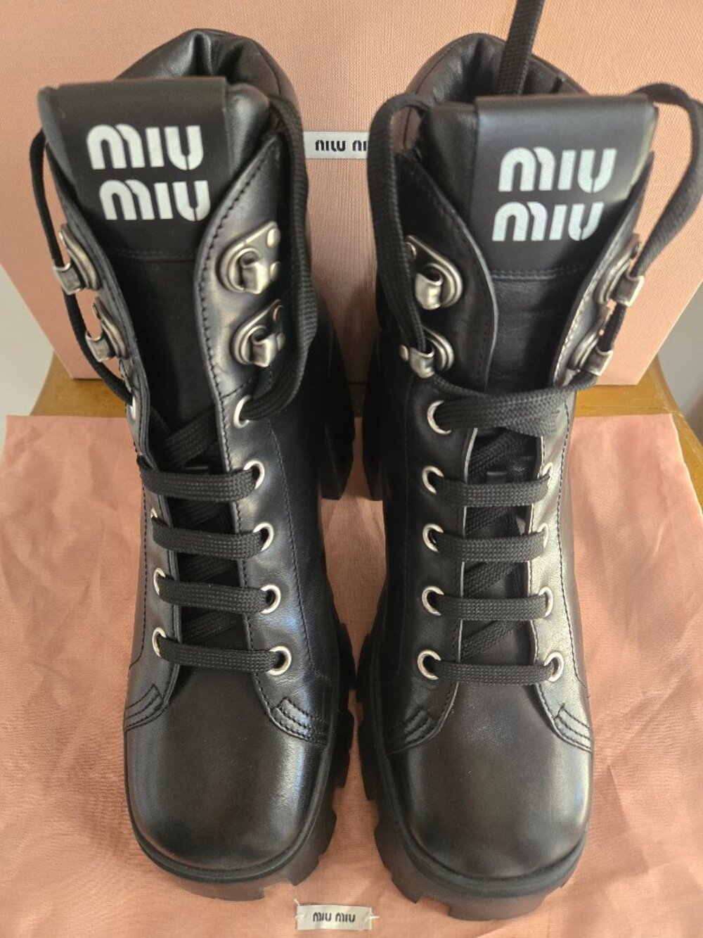 NIB Miu Miu Heeled Boots Black Leather Combat Size 40